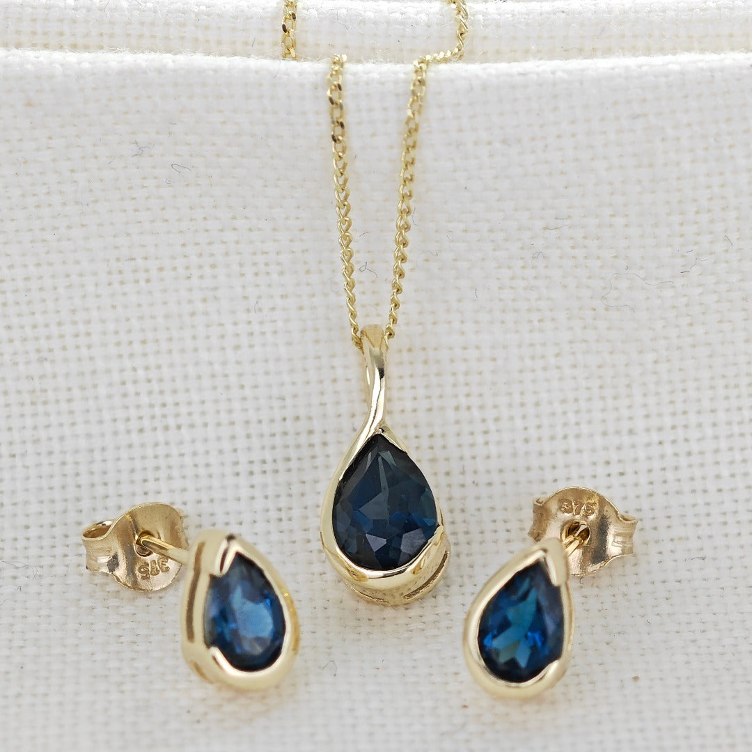 9ct Gold Set Necklace Earrings London Blue Treated Topaz Handmade