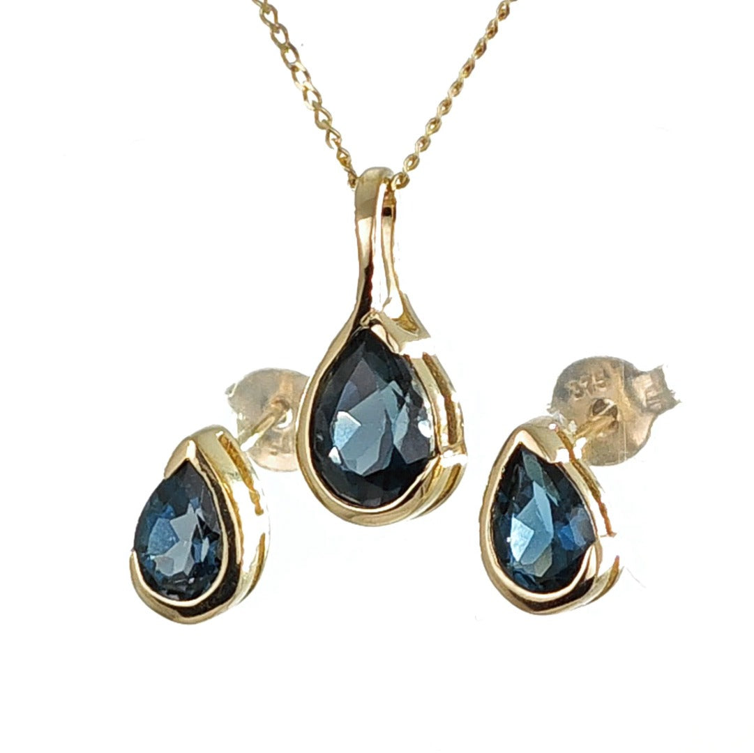 9ct Gold Set Necklace Earrings London Blue Treated Topaz Handmade