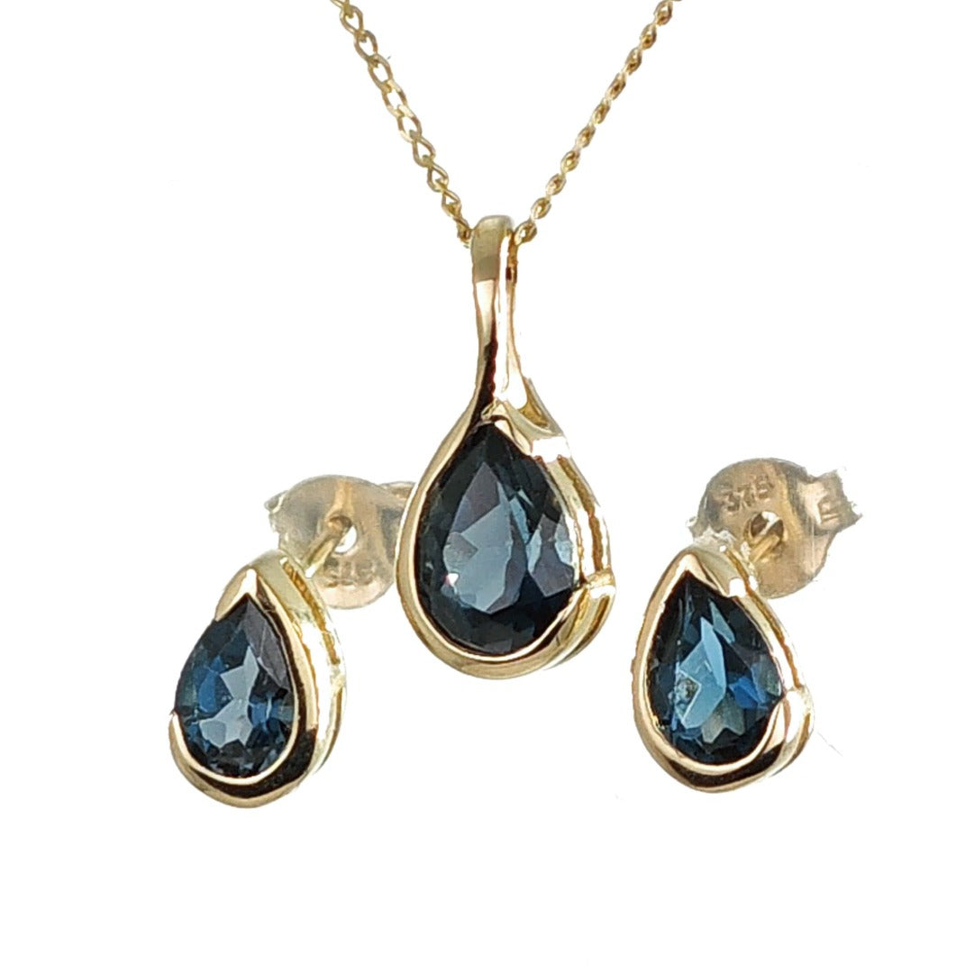 9ct Gold Set Necklace Earrings London Blue Treated Topaz Handmade