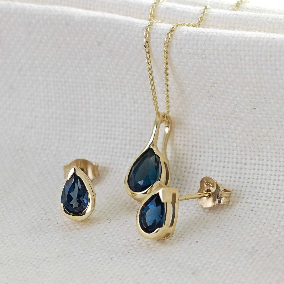 9ct Gold Set Necklace Earrings London Blue Treated Topaz Handmade