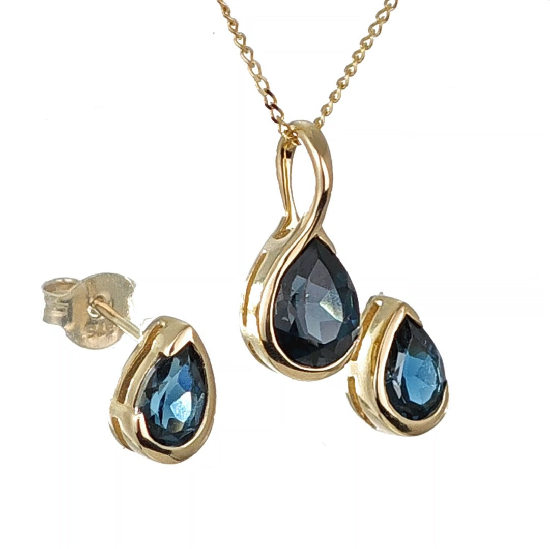 9ct Gold Set Necklace Earrings London Blue Treated Topaz Handmade