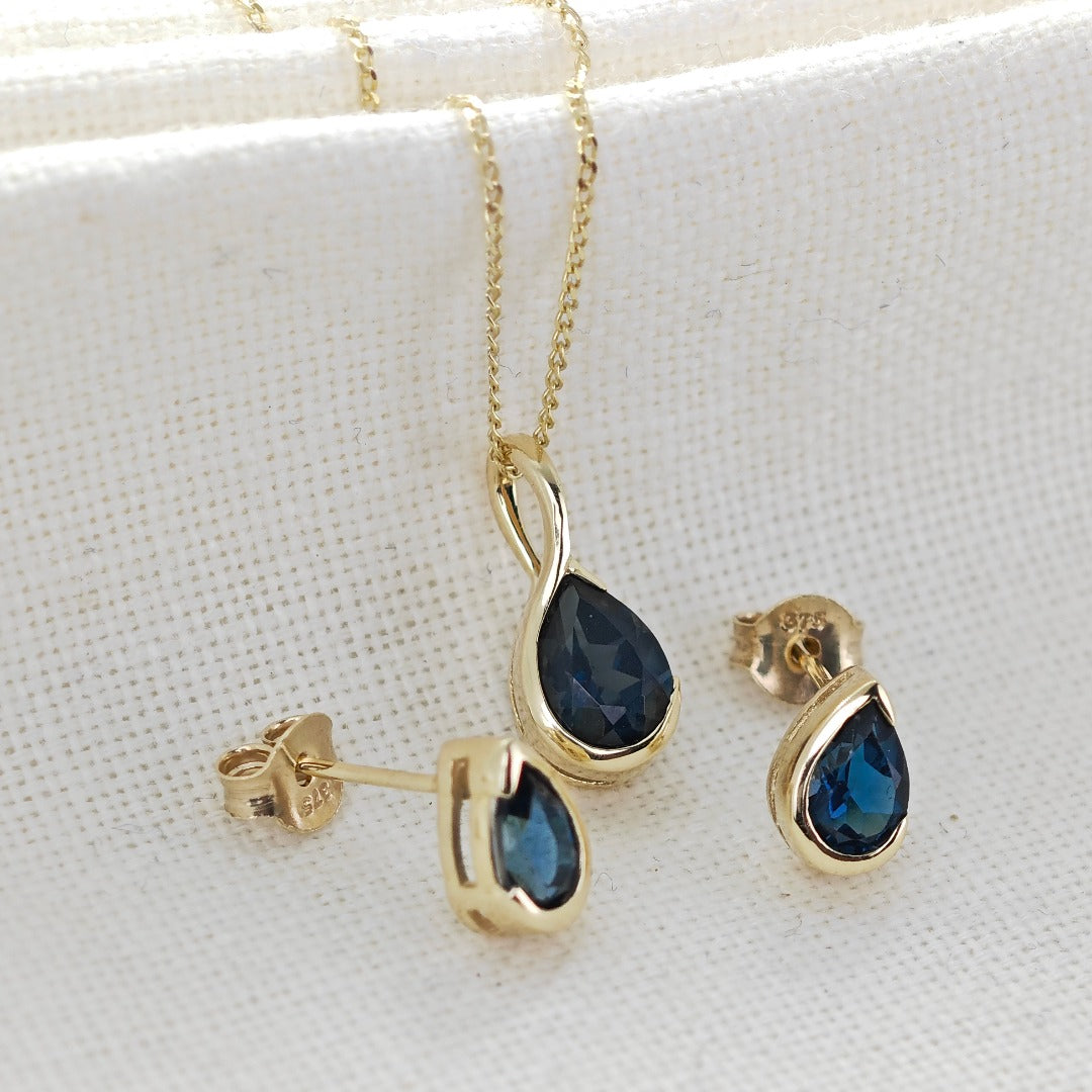 9ct Gold Set Necklace Earrings London Blue Treated Topaz Handmade