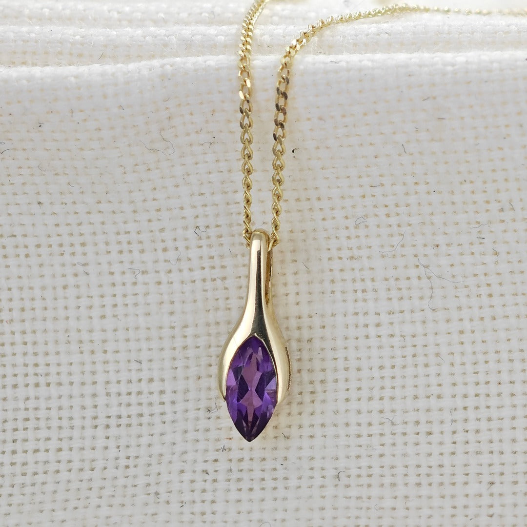 9ct Amethyst Pendant Yellow Gold Minimalist Marquise