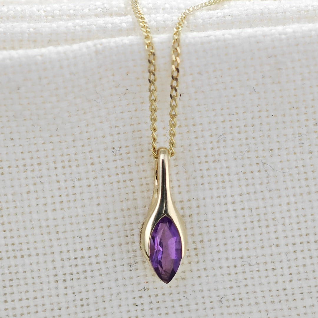 9ct Amethyst Pendant Yellow Gold Minimalist Marquise