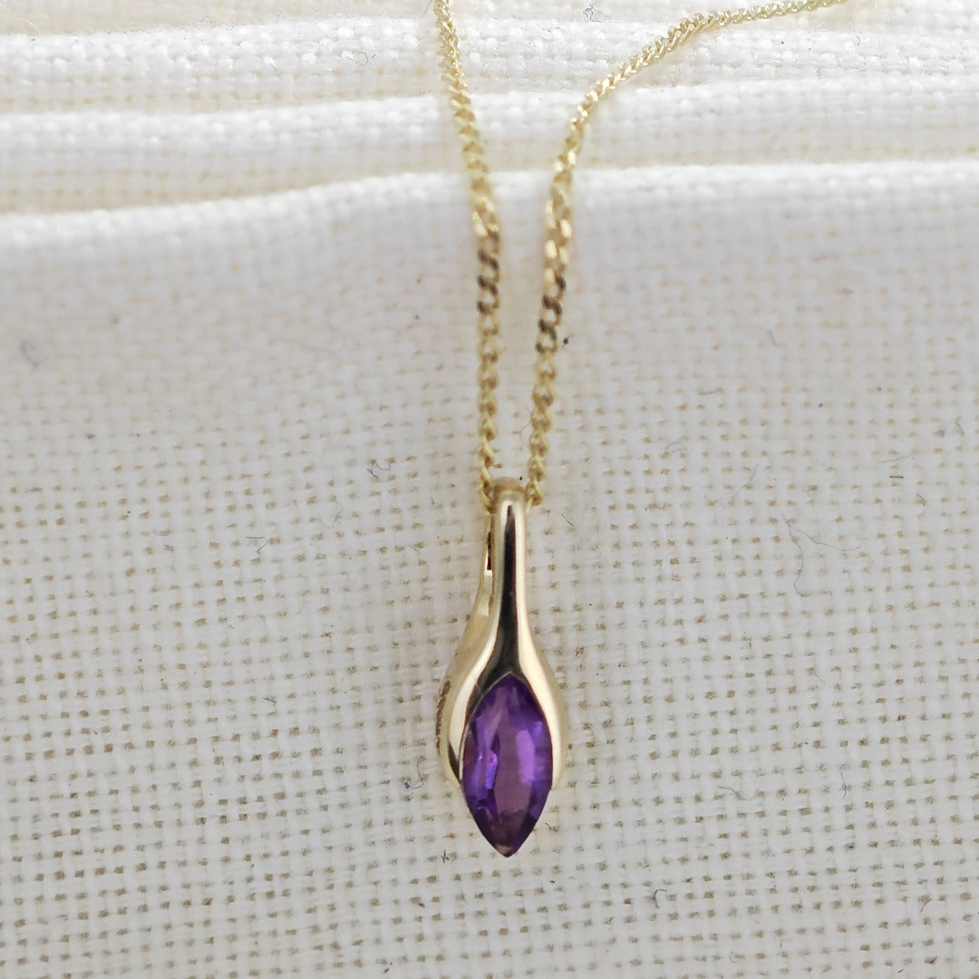 9ct Amethyst Pendant Yellow Gold Minimalist Marquise