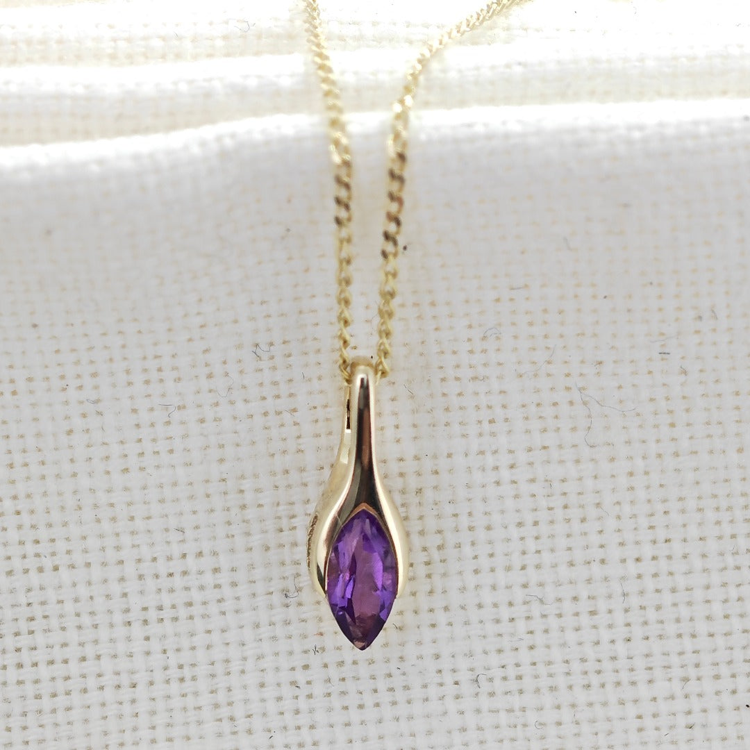 9ct Amethyst Pendant Yellow Gold Minimalist Marquise