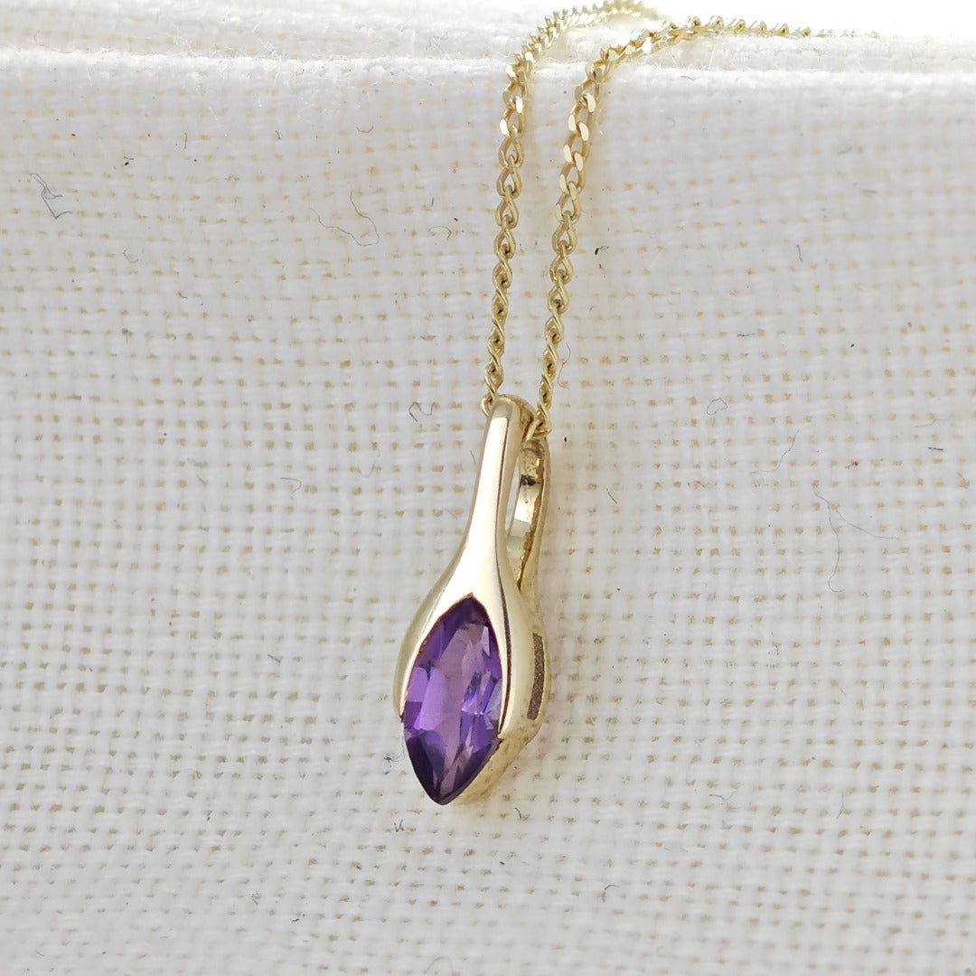 9ct Amethyst Pendant Yellow Gold Minimalist Marquise