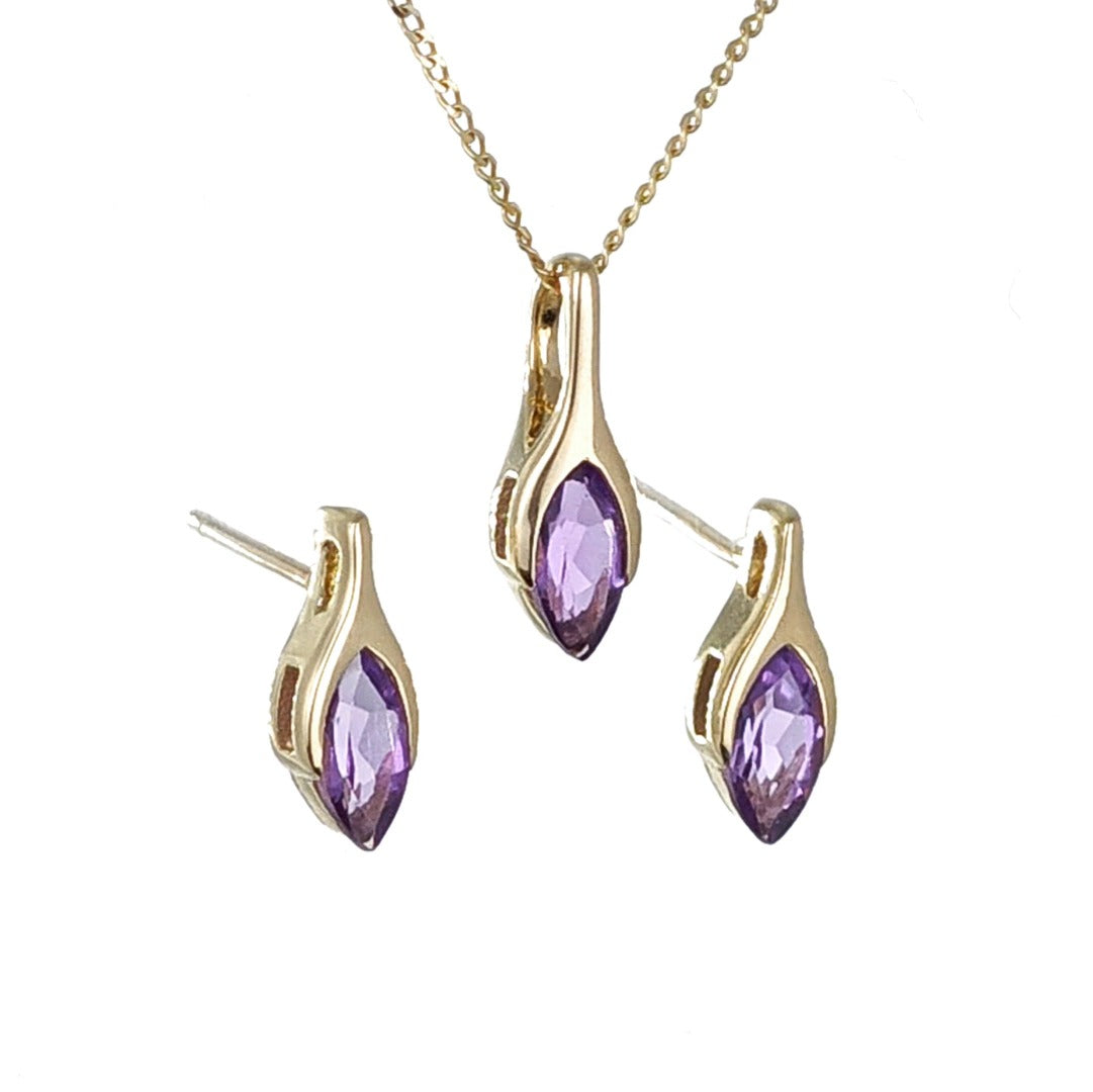 9ct Gold Set Amethyst Pendant Earrings Minimalist Marquise