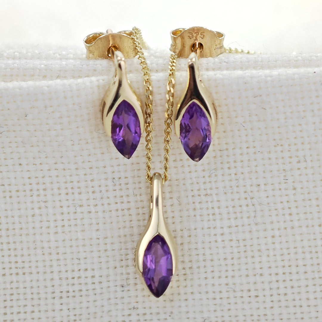 9ct Gold Set Amethyst Pendant Earrings Minimalist Marquise