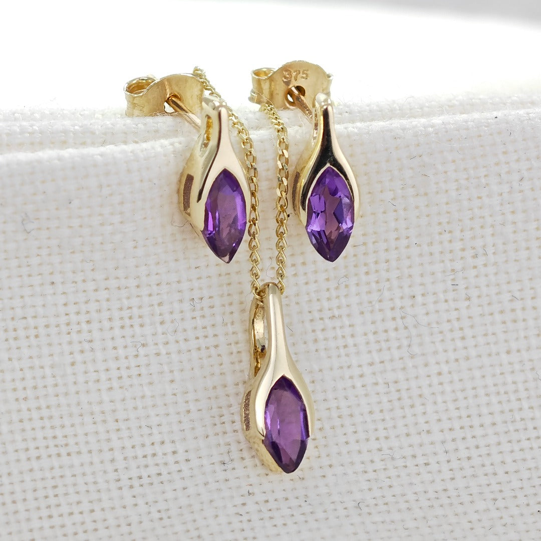 9ct Gold Set Amethyst Pendant Earrings Minimalist Marquise