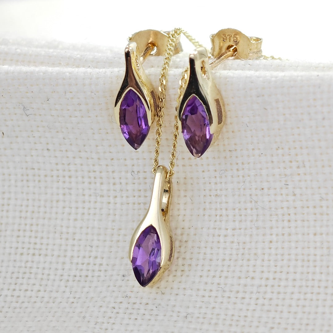 9ct Gold Set Amethyst Pendant Earrings Minimalist Marquise