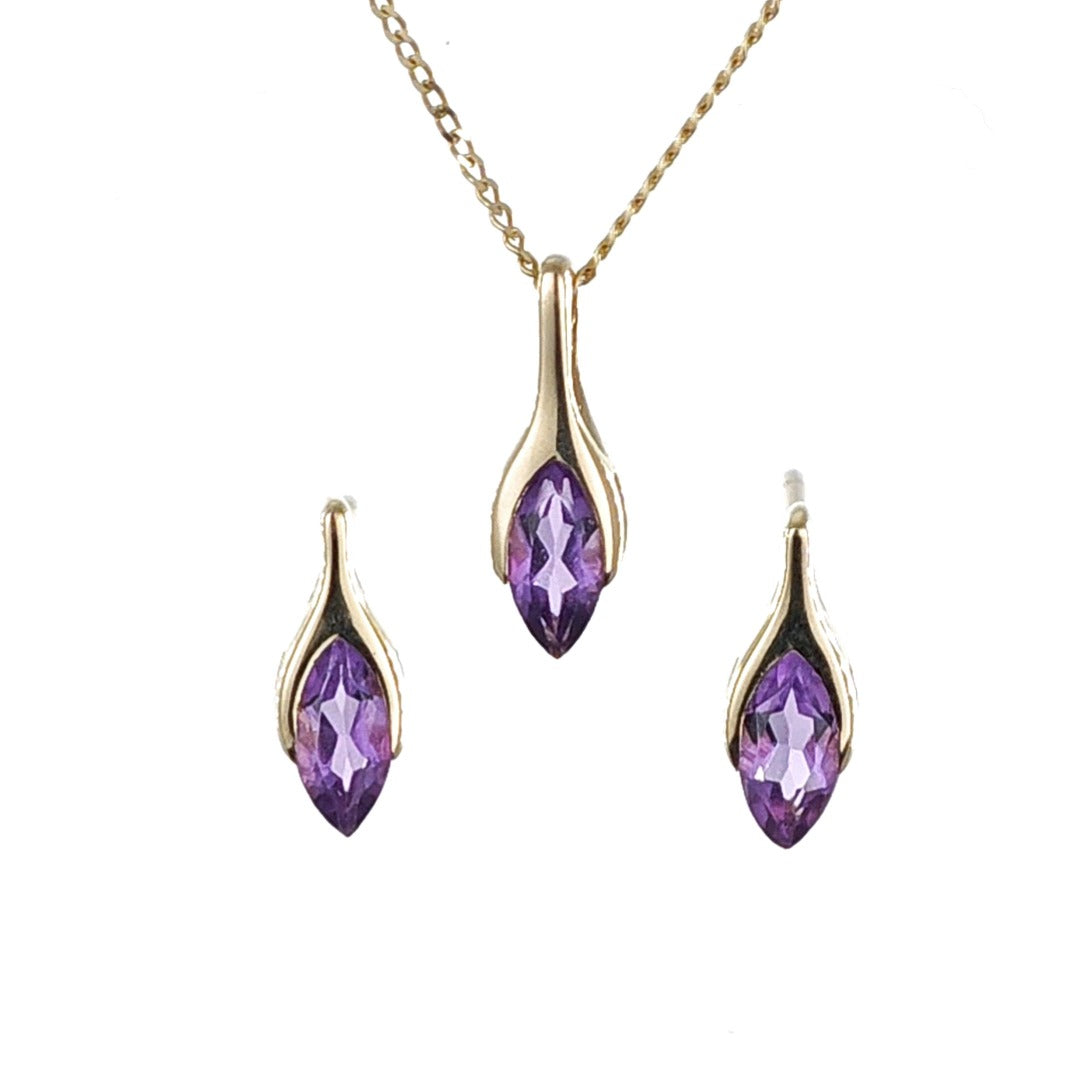 9ct Gold Set Amethyst Pendant Earrings Minimalist Marquise