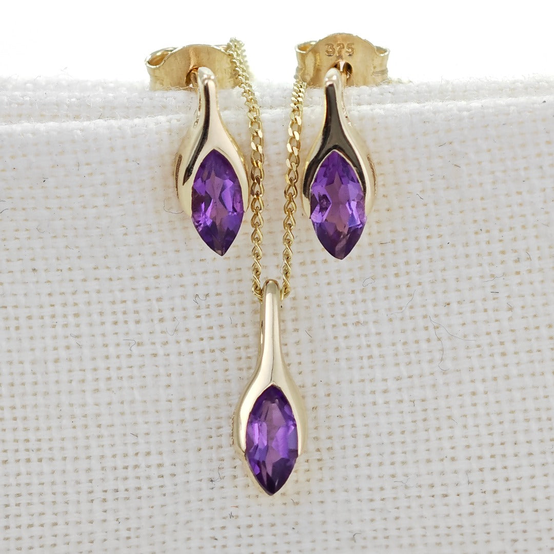 9ct Gold Set Amethyst Pendant Earrings Minimalist Marquise