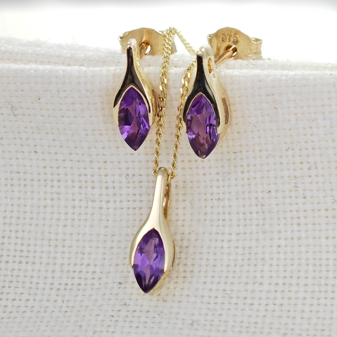 9ct Gold Set Amethyst Pendant Earrings Minimalist Marquise