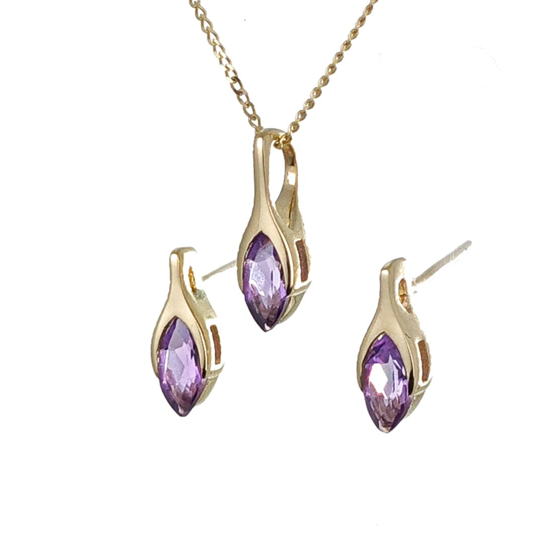 9ct Gold Set Amethyst Pendant Earrings Minimalist Marquise