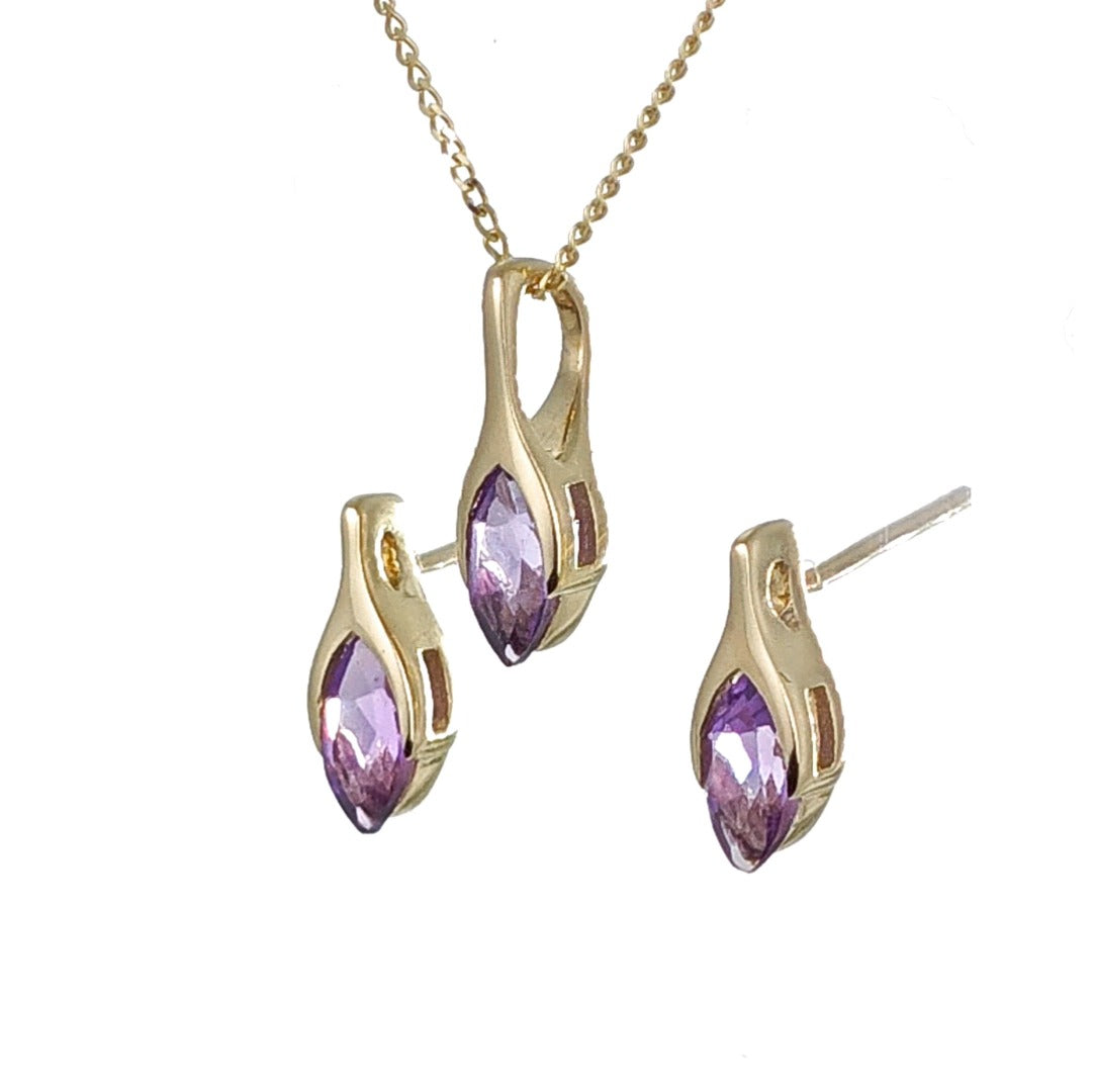 9ct Gold Set Amethyst Pendant Earrings Minimalist Marquise