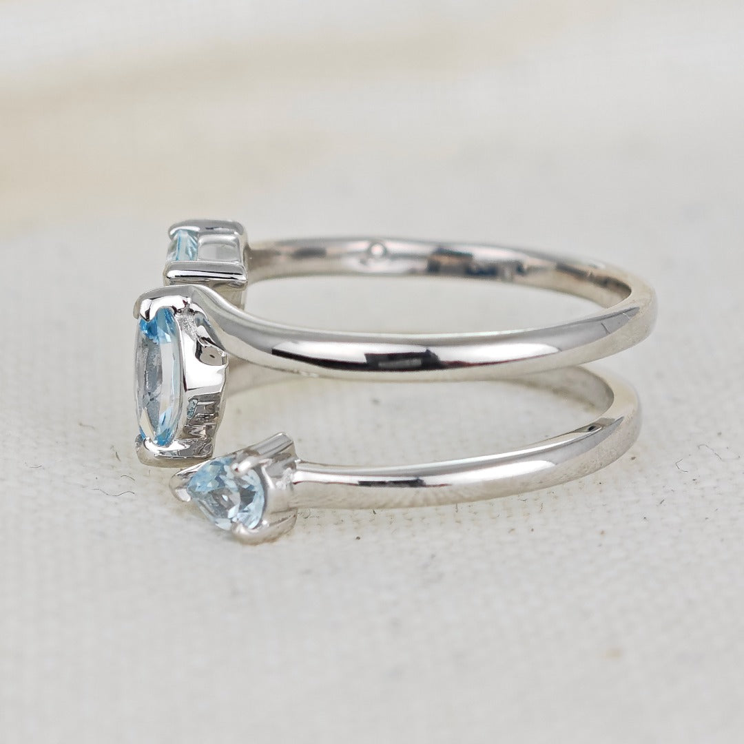 Blue Topaz Ring Adjustable Sterling Silver Marquise Trilogy