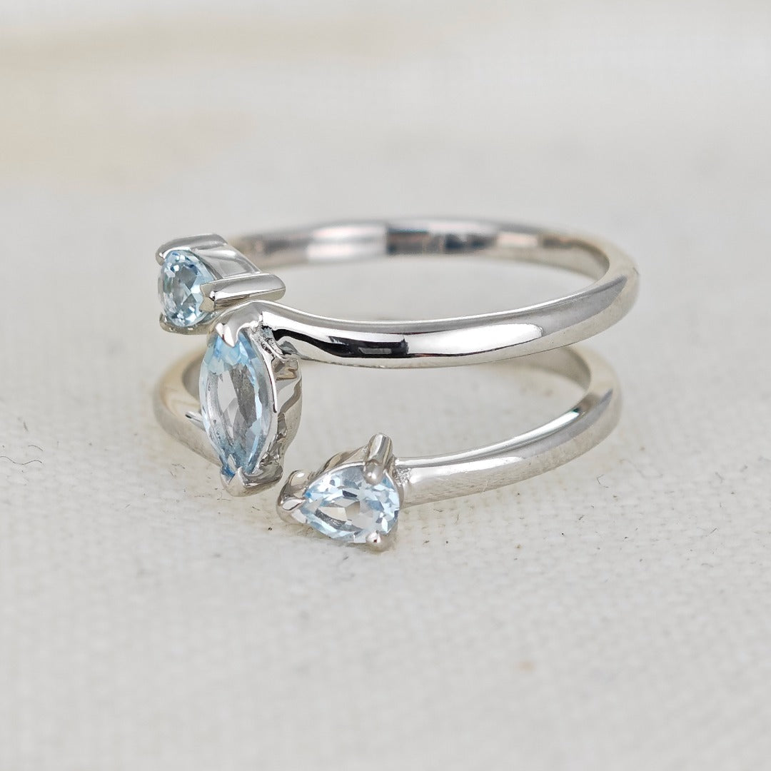 Blue Topaz Ring Adjustable Sterling Silver Marquise Trilogy