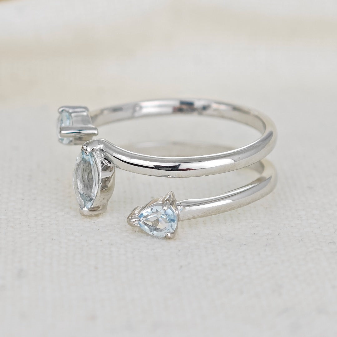 Aquamarine Ring Adjustable Sterling Silver Marquise Trilogy