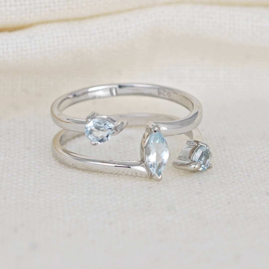 Aquamarine Ring Adjustable Sterling Silver Marquise Trilogy