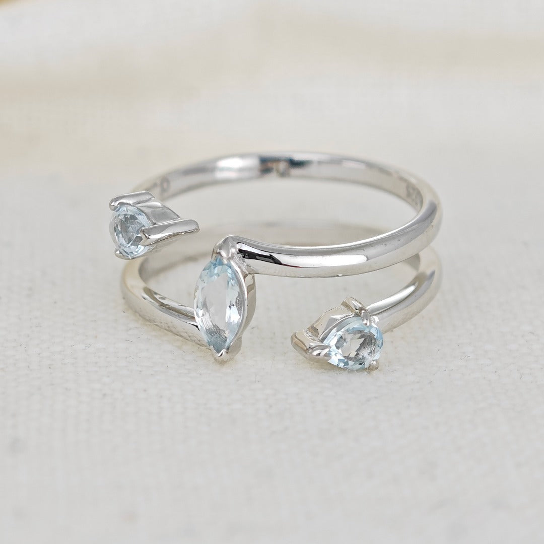 Aquamarine Ring Adjustable Sterling Silver Marquise Trilogy