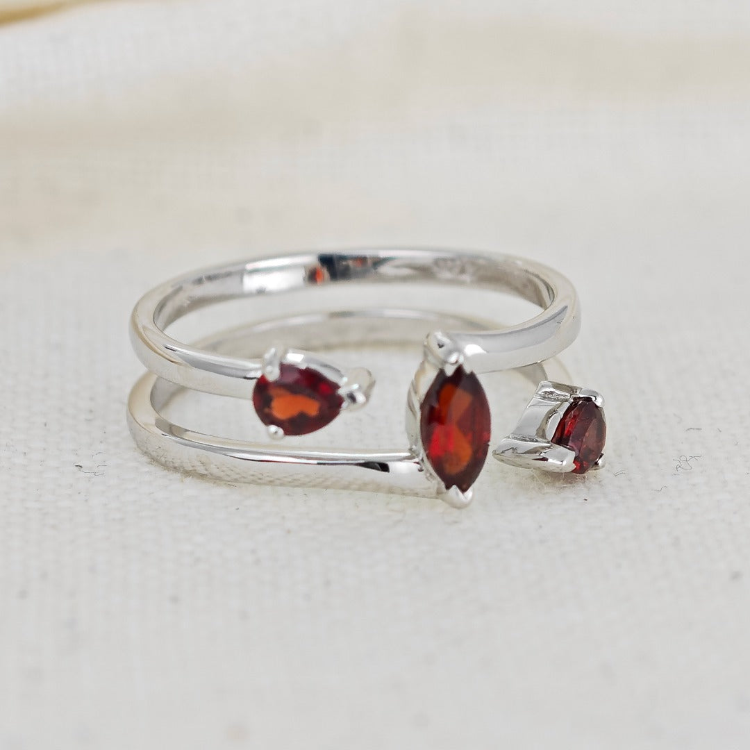 Garnet Ring Adjustable Sterling Silver Marquise Trilogy