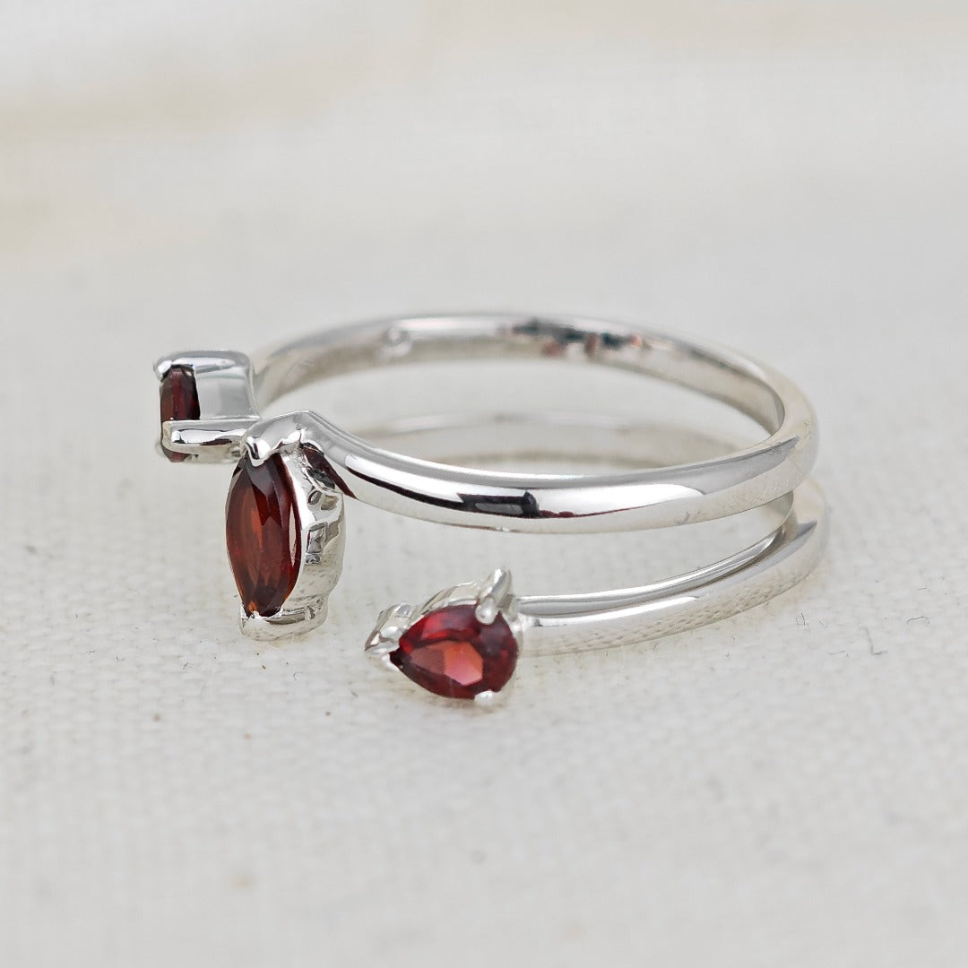 Garnet Ring Adjustable Sterling Silver Marquise Trilogy