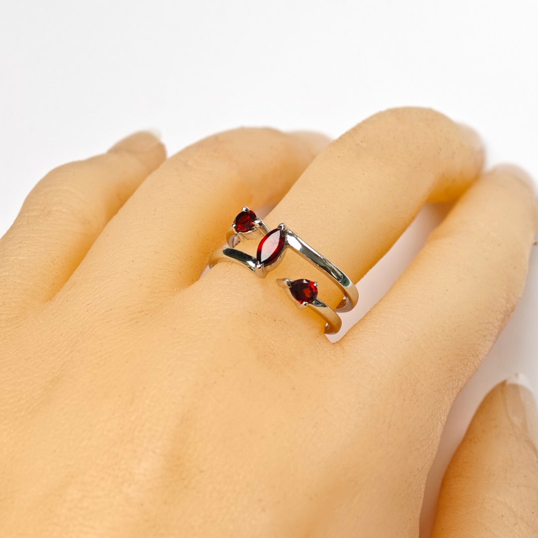 Garnet Ring Adjustable Sterling Silver Marquise Trilogy