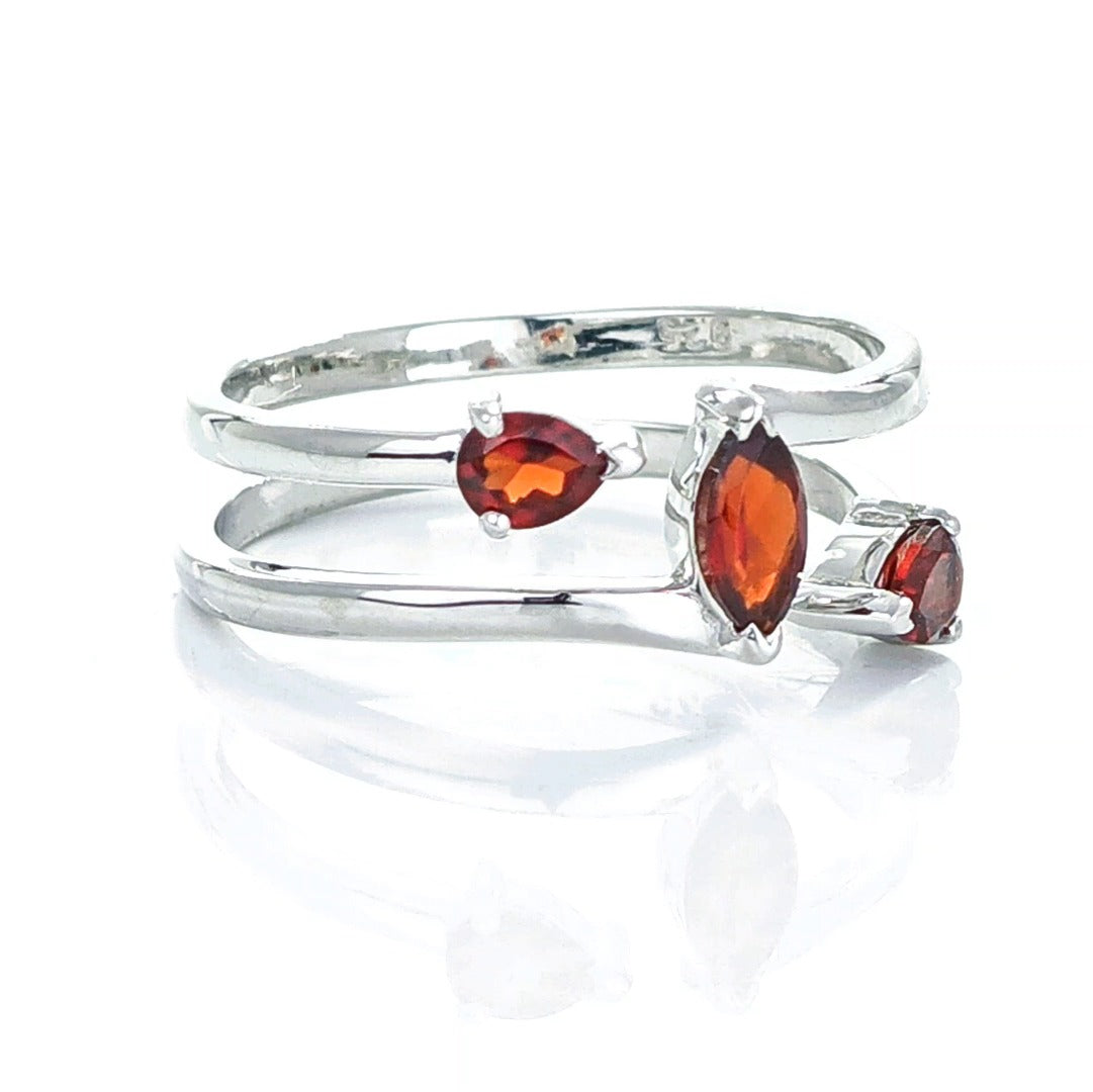 Garnet Ring Adjustable Sterling Silver Marquise Trilogy