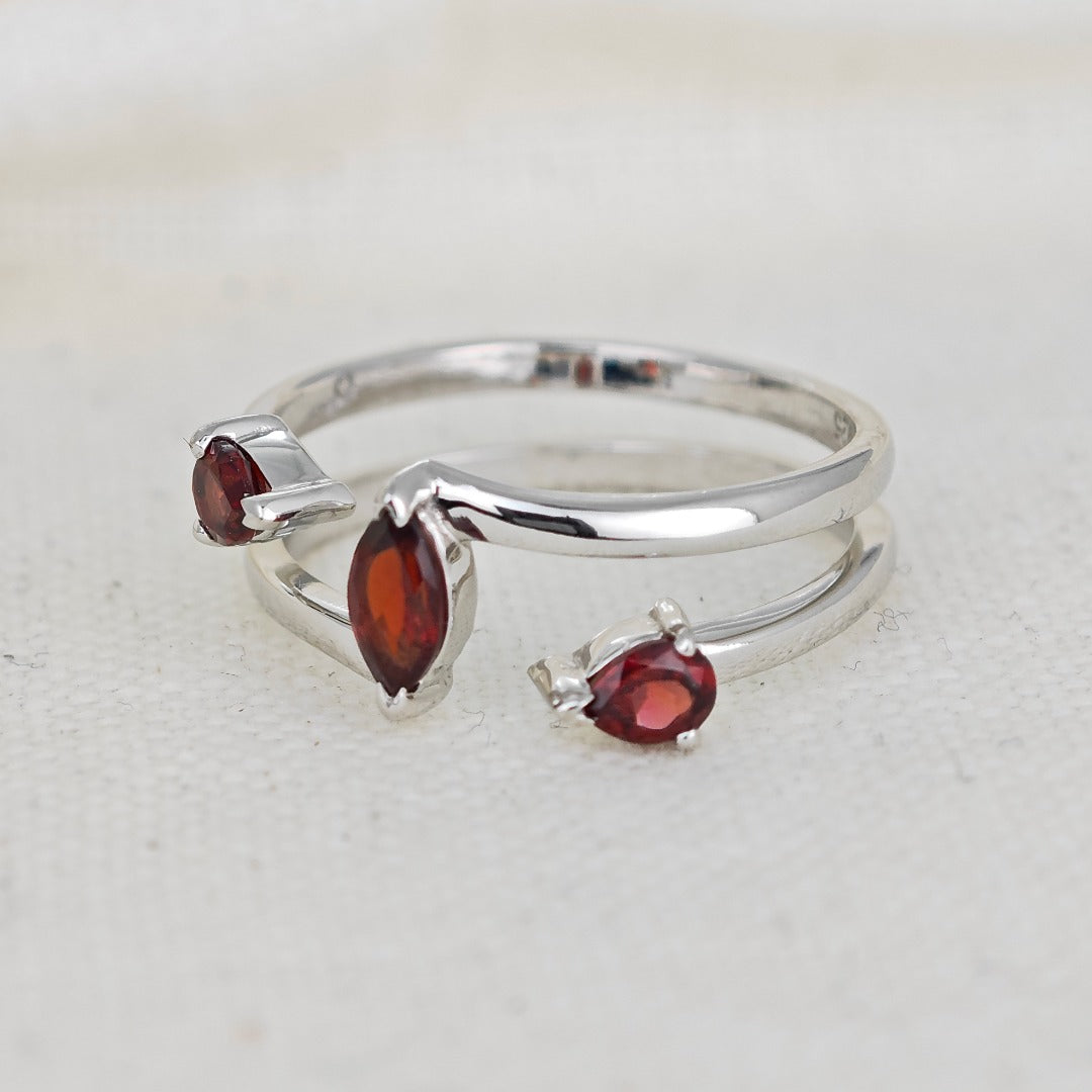 Garnet Ring Adjustable Sterling Silver Marquise Trilogy