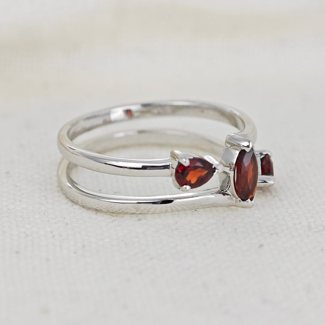 Garnet Ring Adjustable Sterling Silver Marquise Trilogy