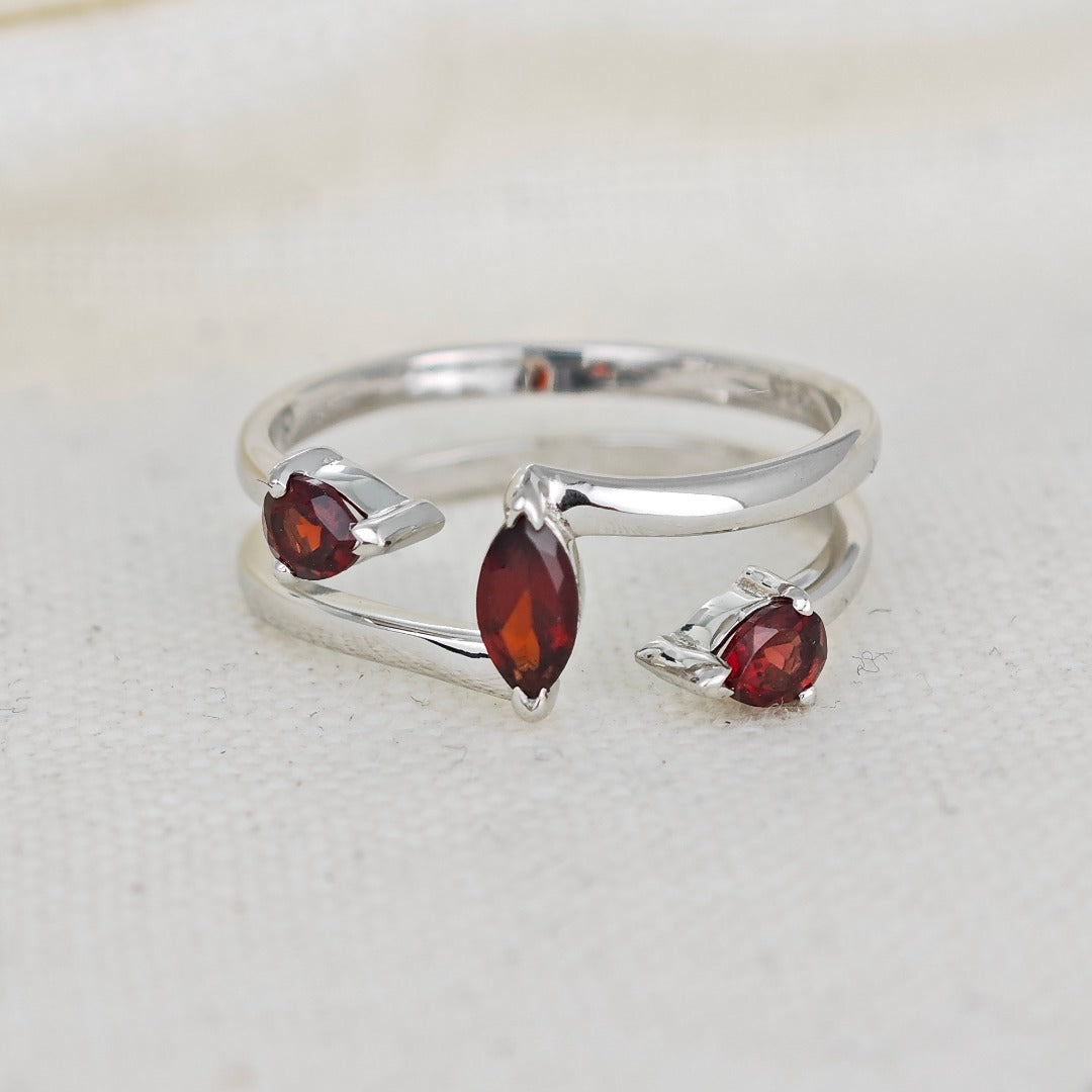 Garnet Ring Adjustable Sterling Silver Marquise Trilogy