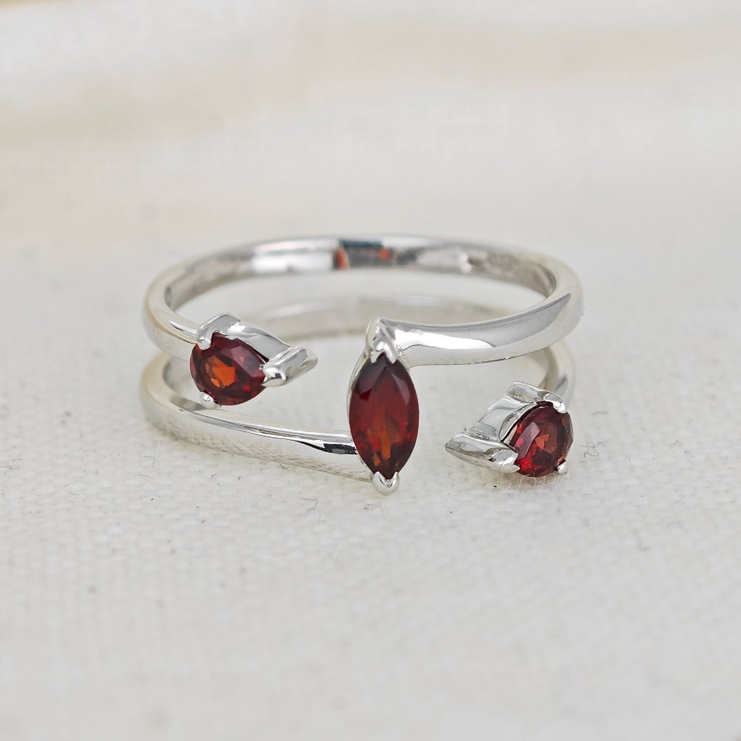 Garnet Ring Adjustable Sterling Silver Marquise Trilogy