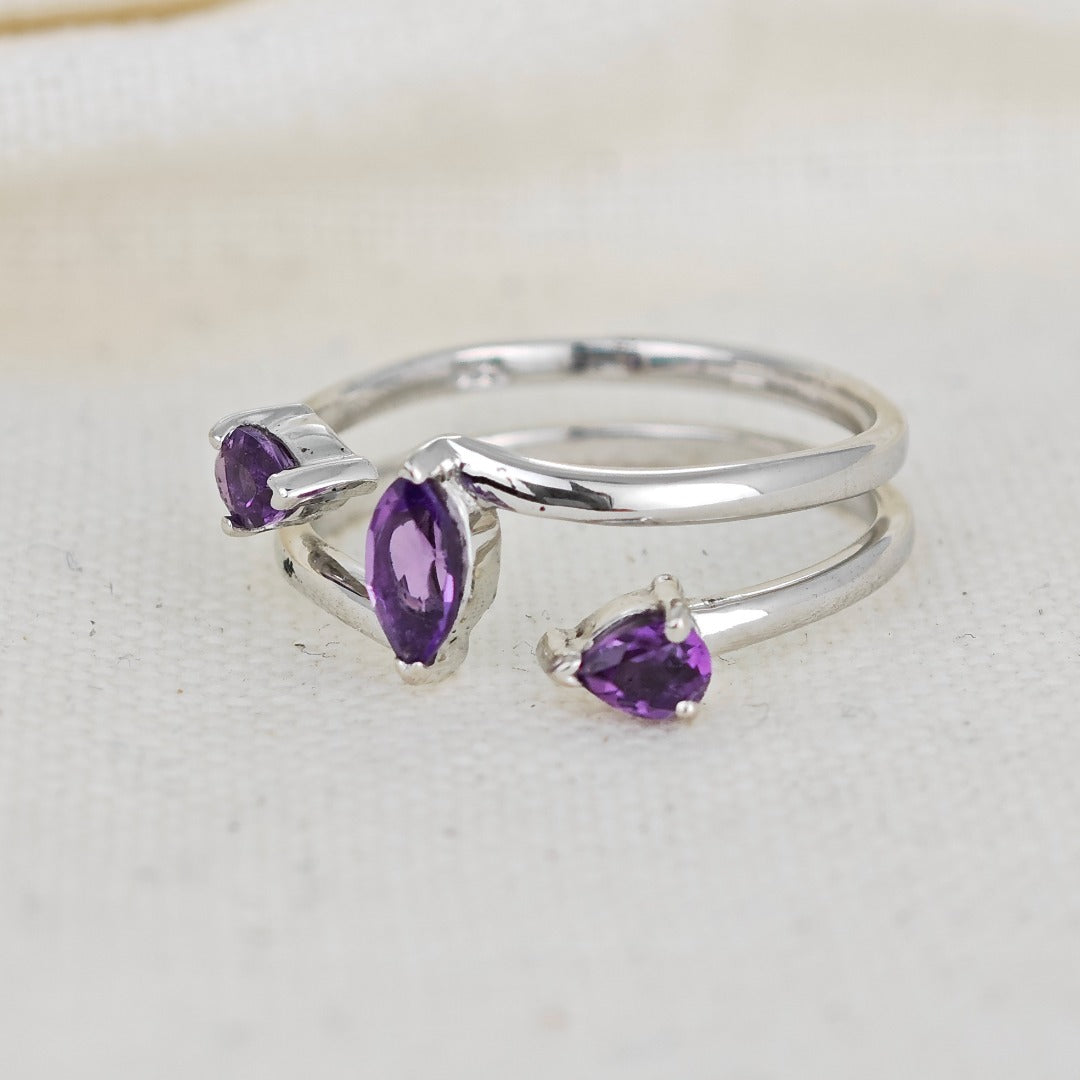 Amethyst Ring Adjustable Sterling Silver Marquise Purple Gemstone Trilogy