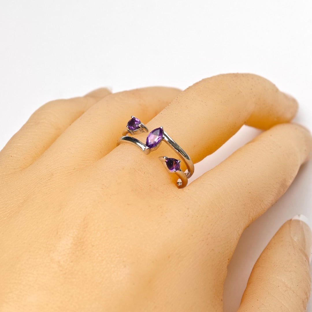 Amethyst Ring Adjustable Sterling Silver Marquise Purple Gemstone Trilogy