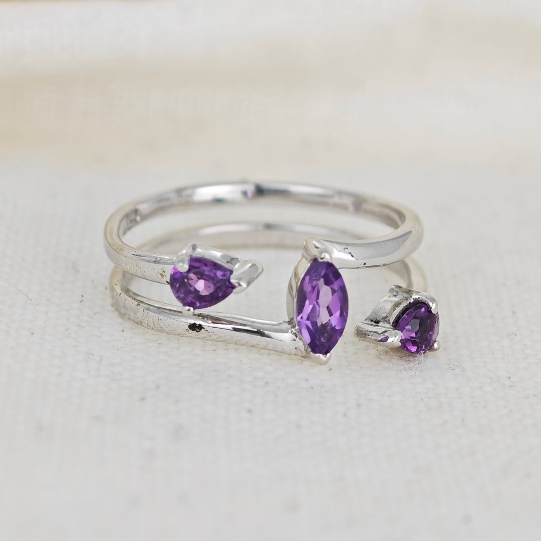 Amethyst Ring Adjustable Sterling Silver Marquise Purple Gemstone Trilogy