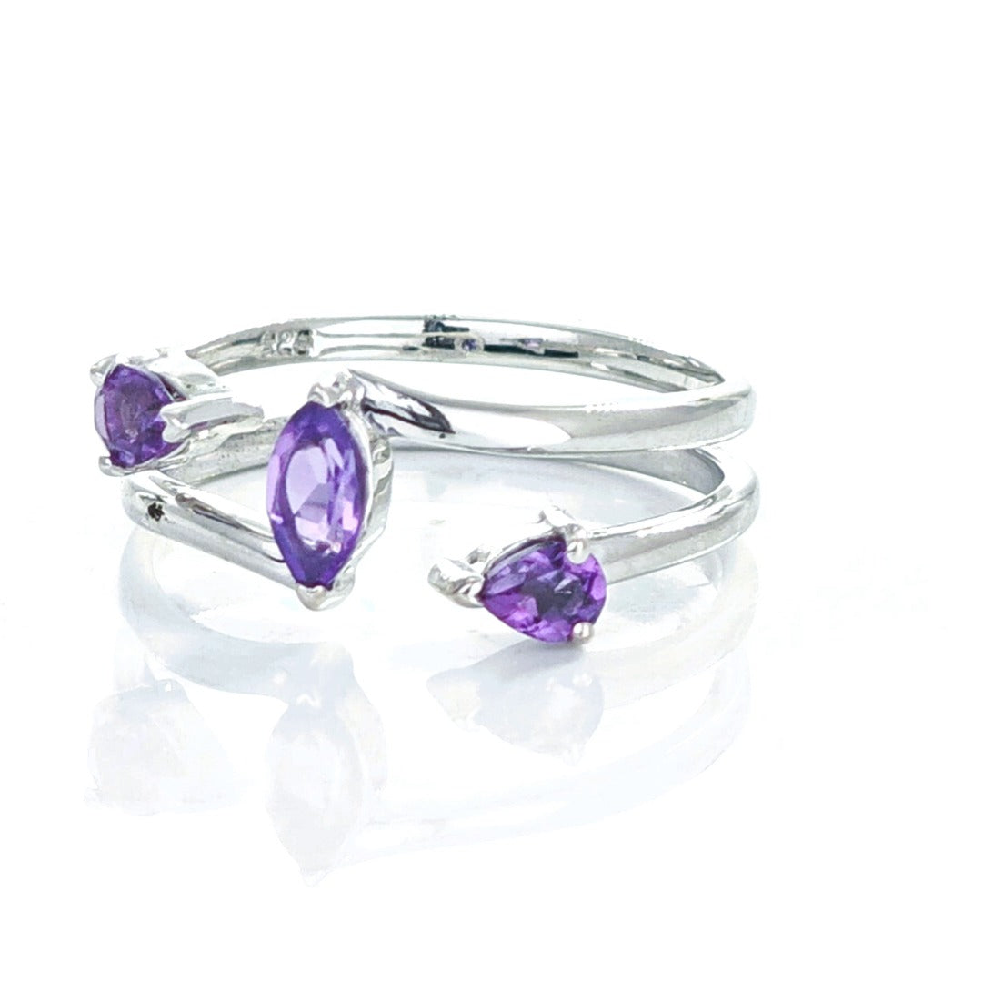 Amethyst Ring Adjustable Sterling Silver Marquise Purple Gemstone Trilogy