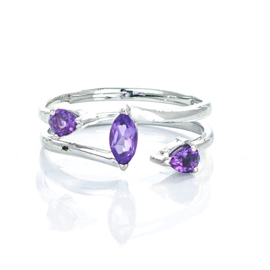 Amethyst Ring Adjustable Sterling Silver Marquise Purple Gemstone Trilogy