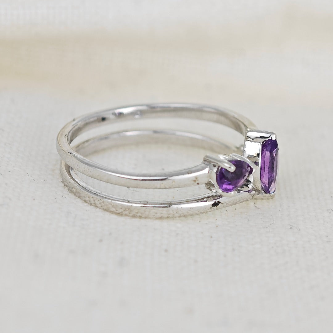 Amethyst Ring Adjustable Sterling Silver Marquise Purple Gemstone Trilogy