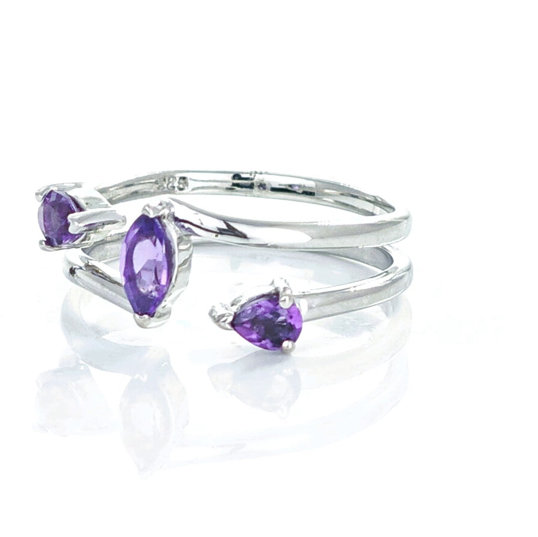 Amethyst Ring Adjustable Sterling Silver Marquise Purple Gemstone Trilogy