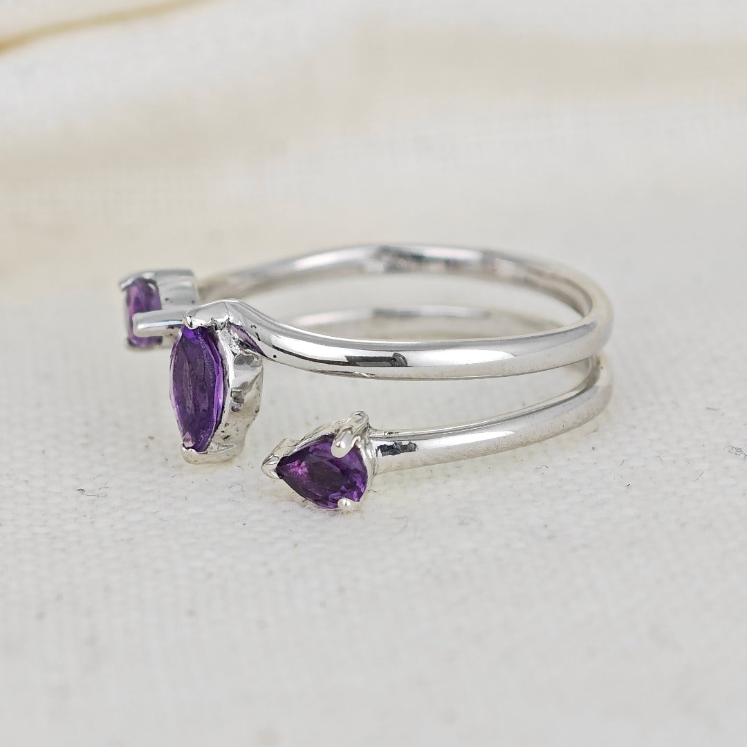 Amethyst Ring Adjustable Sterling Silver Marquise Purple Gemstone Trilogy