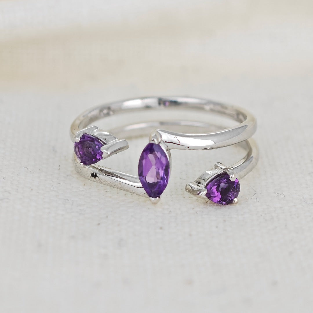 Amethyst Ring Adjustable Sterling Silver Marquise Purple Gemstone Trilogy