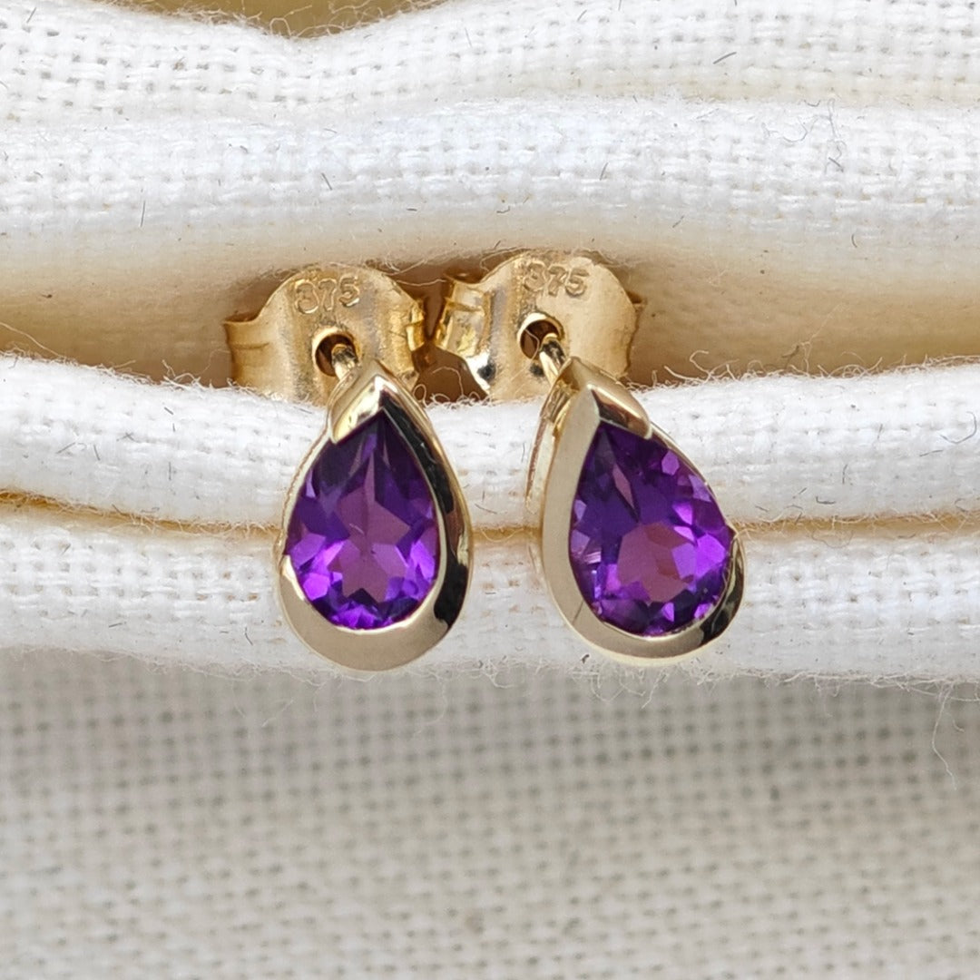 9ct Gold Amethyst Earrings Natural Purple Gemstone Studs