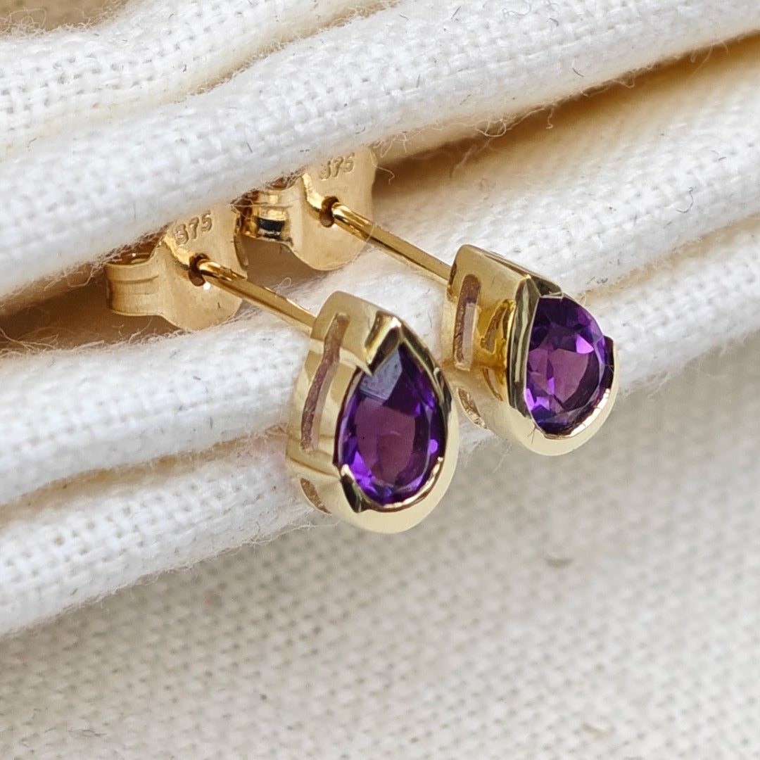 9ct Gold Amethyst Earrings Natural Purple Gemstone Studs