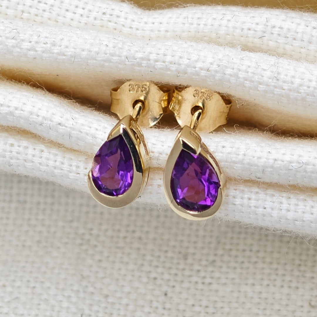 9ct Gold Amethyst Earrings Natural Purple Gemstone Studs