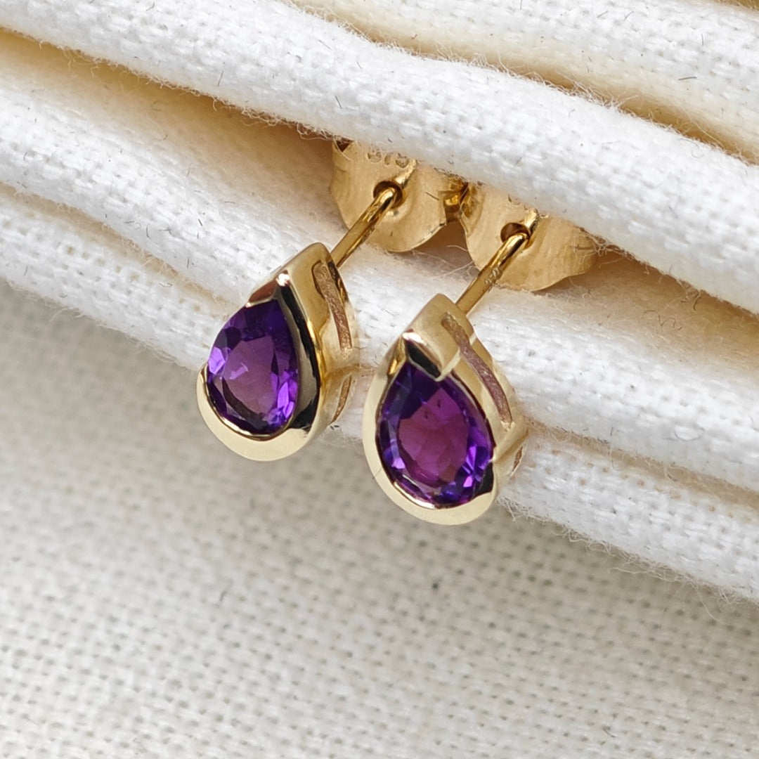 9ct Gold Amethyst Earrings Natural Purple Gemstone Studs