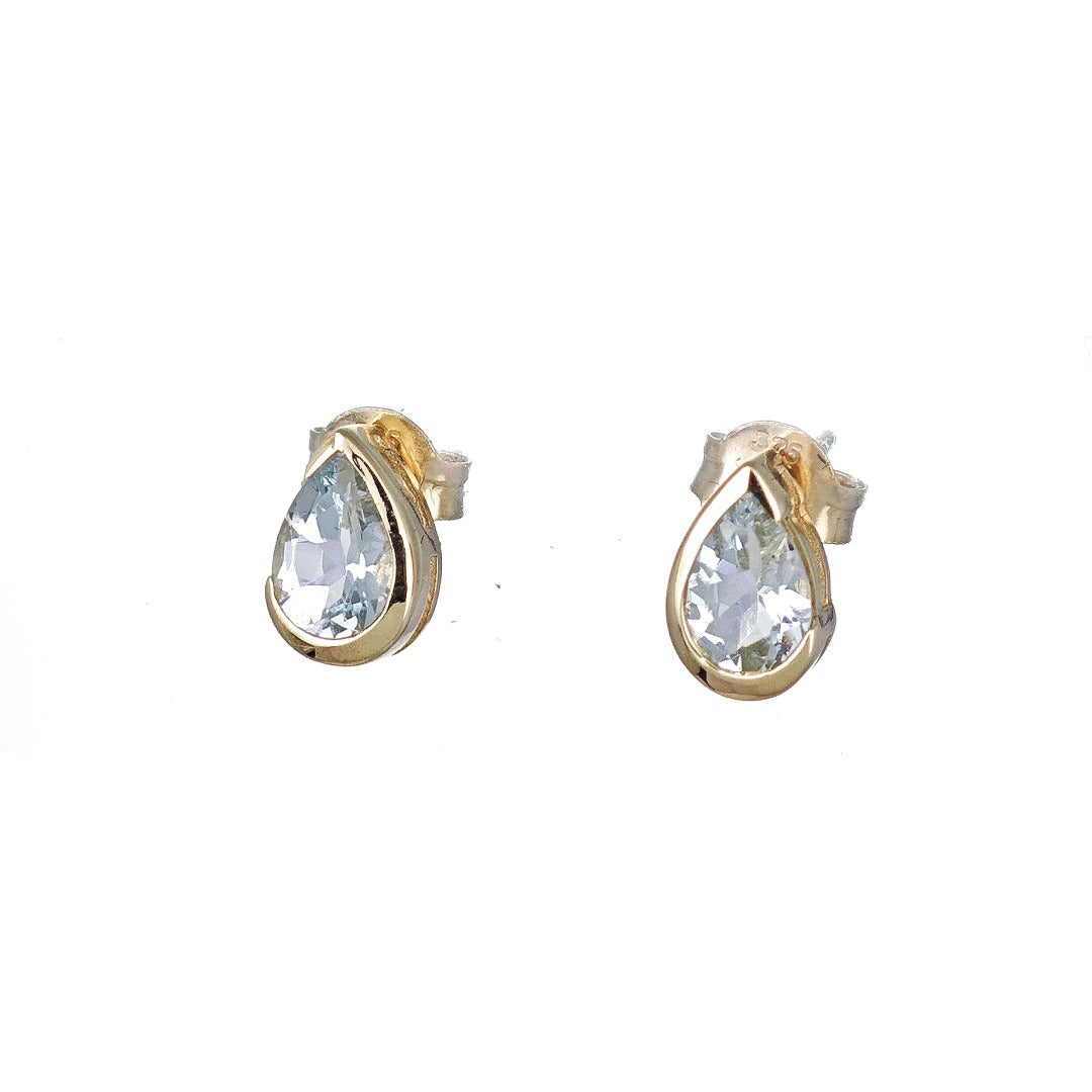 9ct Yellow Gold Aquamarine Earrings Natural Blue Gemstone Studs