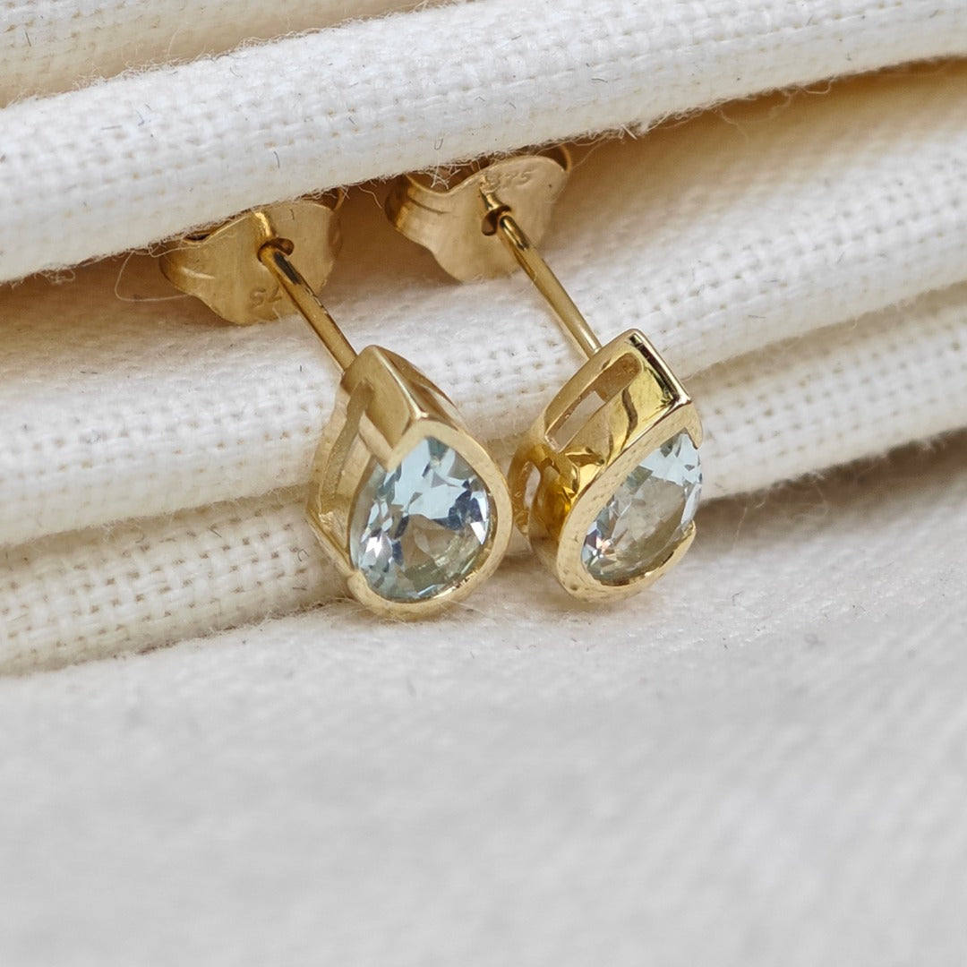 9ct Yellow Gold Aquamarine Earrings Natural Blue Gemstone Studs