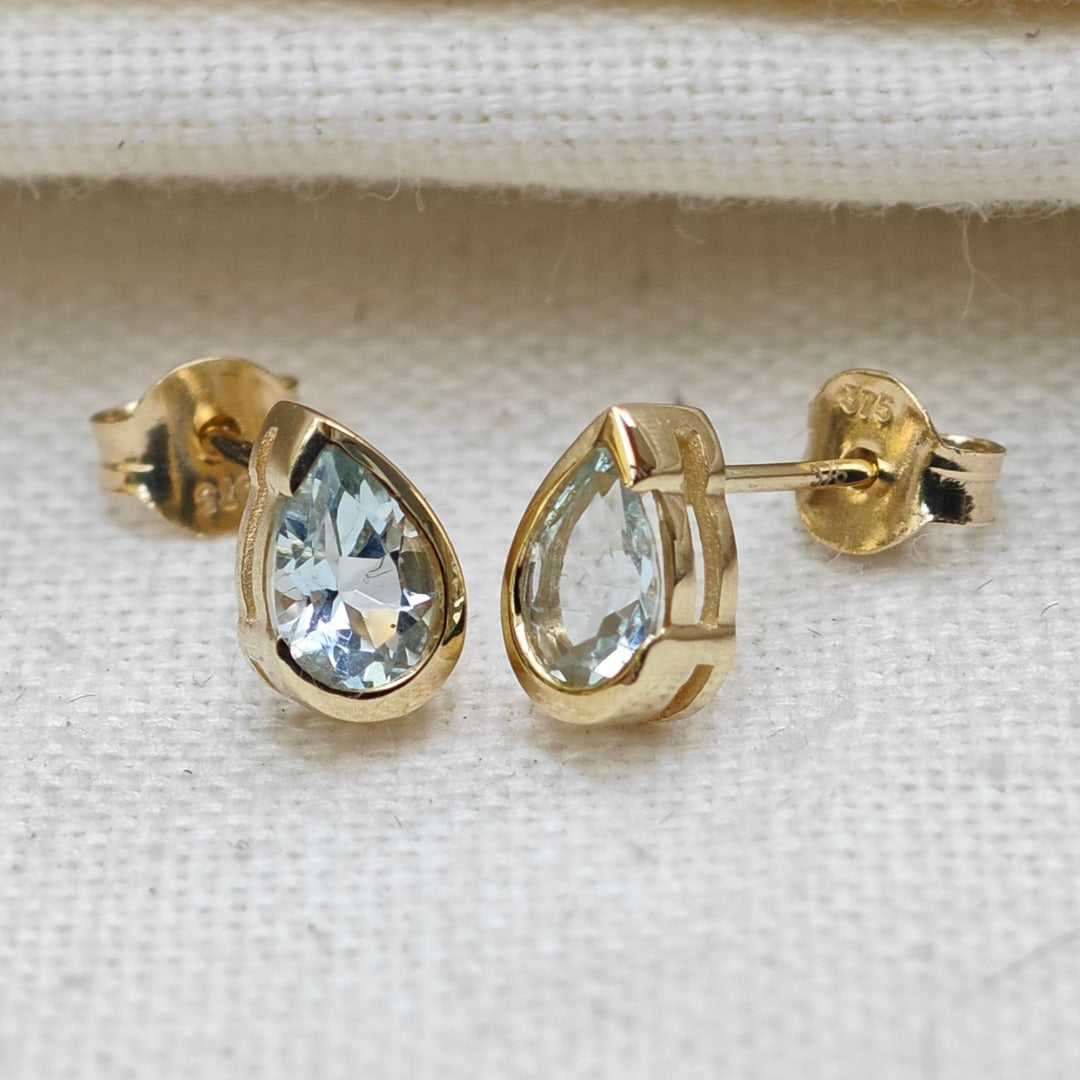 9ct Yellow Gold Aquamarine Earrings Natural Blue Gemstone Studs