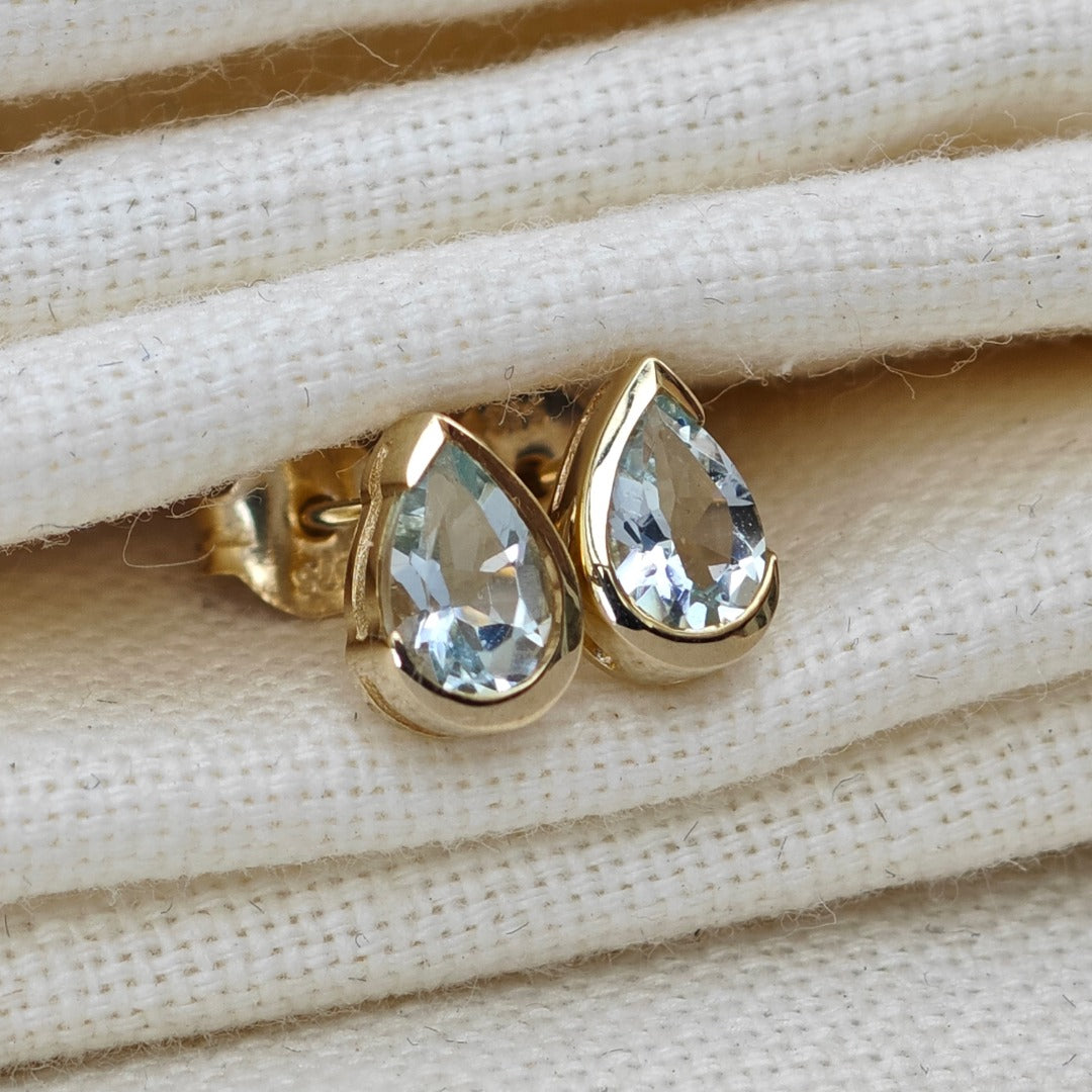 9ct Yellow Gold Aquamarine Earrings Natural Blue Gemstone Studs